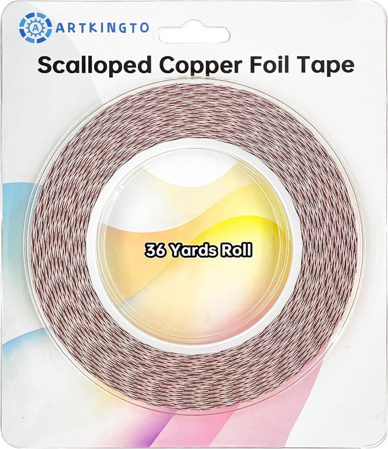 ARTKINGTO Silver Backed Scalloped Copper Foil Tape for Stained Glass, DIY Crafts, Single Small Scalloped Copper Foil - Image 1